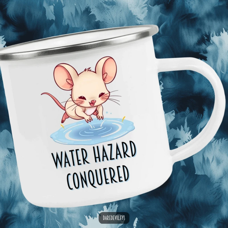 Funny spunky mouse character caught mid-dive on a sturdy camping mug, celebrating outdoor adventures.