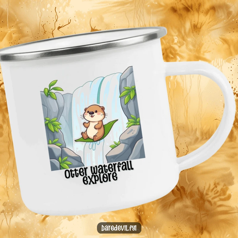 Funny otter sliding down a waterfall on a leaf, printed on a rugged camping mug for outdoor adventure.
