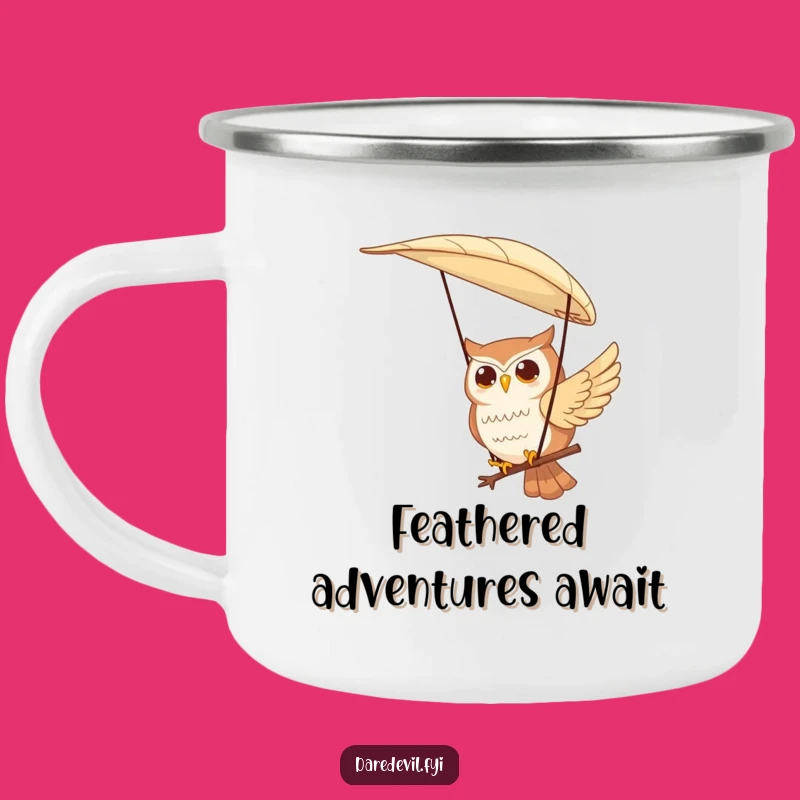 Funny Owl Paragliding Camping Mug: Contented Character Feather, Outdoor Funny Gift