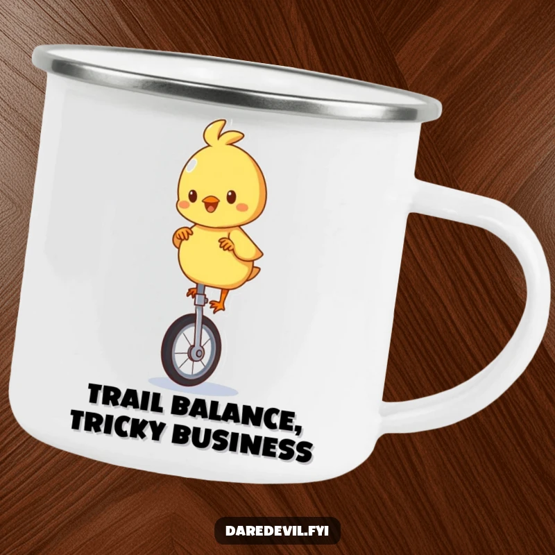 Funny camping mug with a playful chick character balancing on a unicycle, robust and ready for outdoor fun.