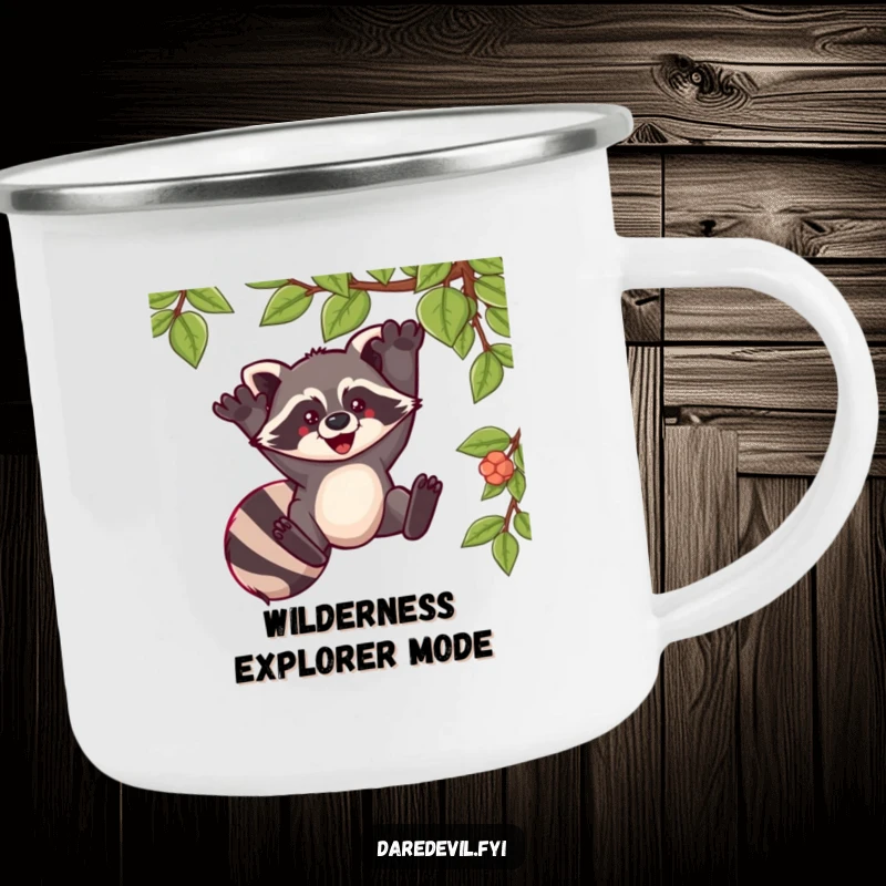 Funny camping mug depicting a raccoon swinging from a vine with pure exhilaration, perfect for outdoor adventures.