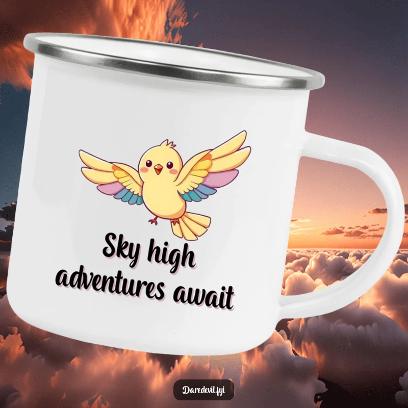 Funny rainbow bird camping mug: a bird with large wings ready for adventure, durable and humorous.