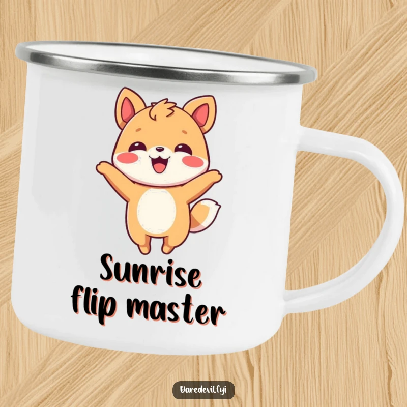Funny Camping Mug featuring a smiling animal character doing a playful flip, designed for fun-loving outdoor adventures.