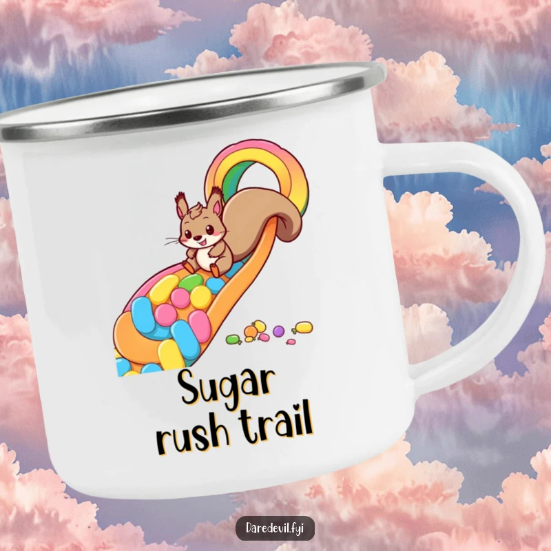 Funny squirrel candy slide camping mug showing a playful squirrel zooming down a rainbow made of candy, perfect for enjoying drinks outdoors with a sweet spirit.