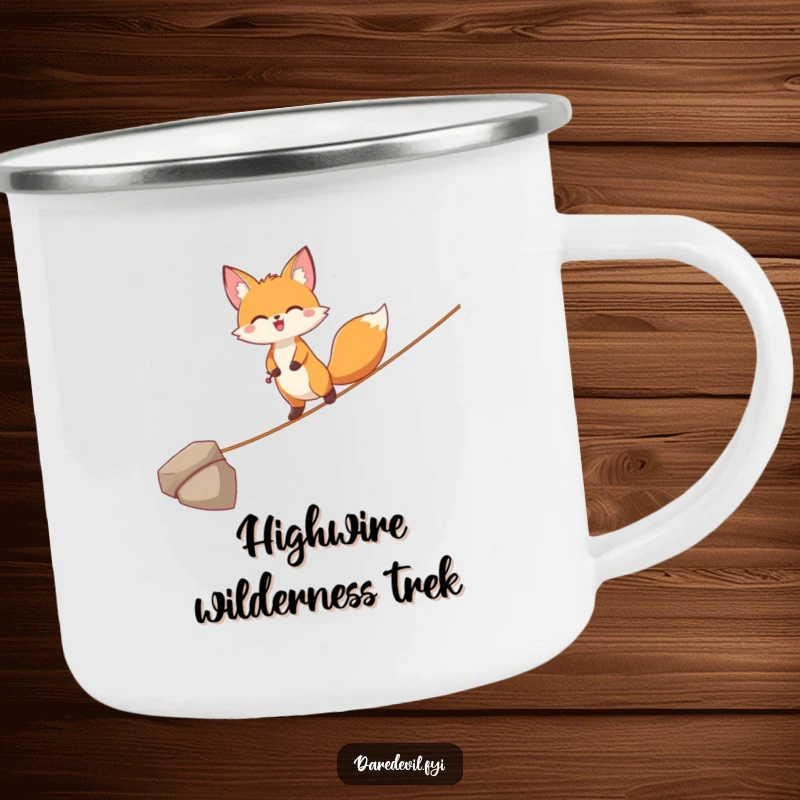 Funny Fox Camping Mug: A joyful fox character balances on a thin tightrope, ready for any adventure with a spirit of poise.