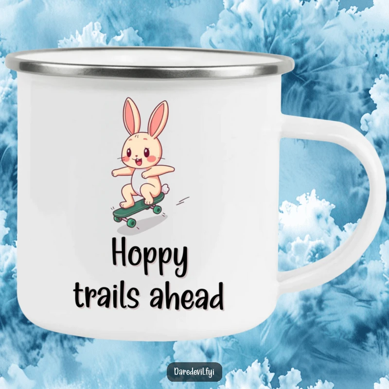Funny Camping Mug: A happy bunny zooms down a ramp on a tiny skateboard, a humorous and rugged mug for adventures.
