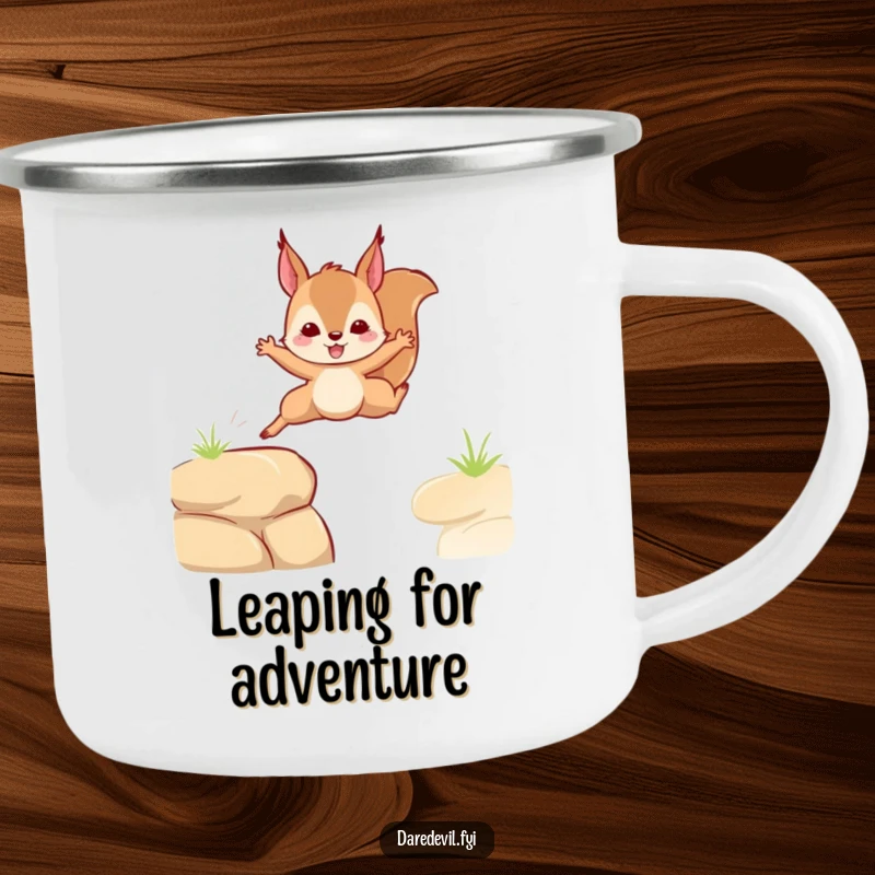 Funny camping mug featuring a squirrel leaping bravely over a gap, suitable for adventures and a funny gift.