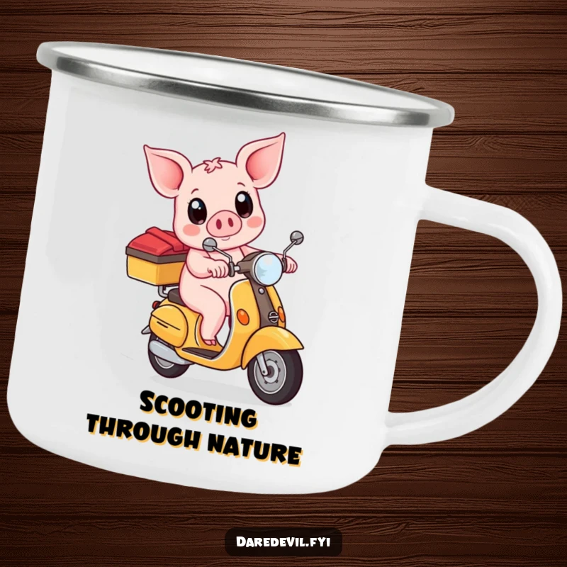 Funny piglet bravely riding a scooter with wide eyes, printed on a durable camping mug for humorous outdoor enjoyment.