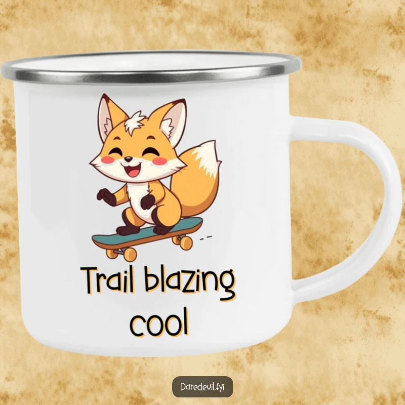 Funny fox with an excited grin, riding a skateboard in a camping setting, durable and humorous, great for outdoor gifts.