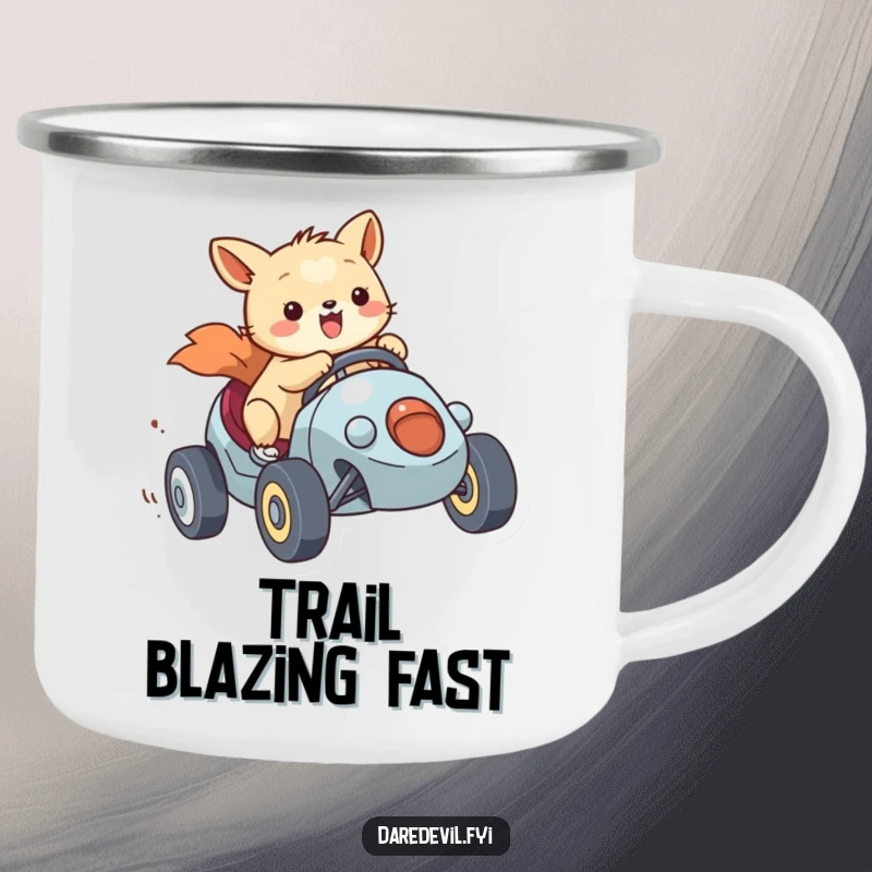 Funny Enamel Camping Mug featuring a smiling animal character racing a tiny vehicle with gusto during an outdoor adventure, a rugged funny gift.