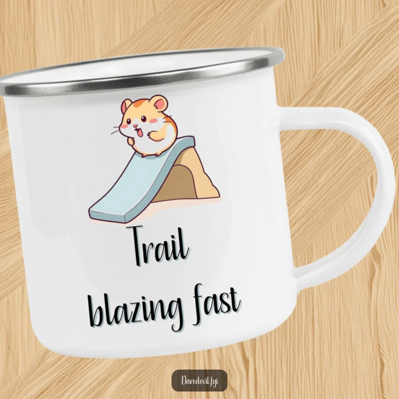 Funny Hamster Camping Mug showcasing a hamster speeding down a steep slide, ready for outdoor fun and humorous sips.
