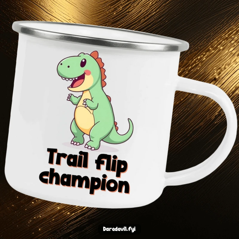 Funny camping mug depicting a joyful dinosaur attempting a backward somersault, perfect for outdoor sipping.