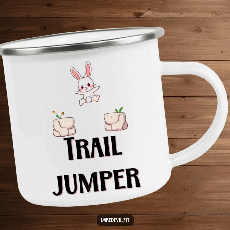 Funny camping mug illustration of a brave rabbit character leaping across a small gap between two tiny platforms during an outdoor setting.
