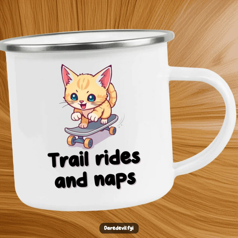 Funny camping mug depicting a playful kitten aggressively skateboarding down a slide, perfect for adding cheer to outdoor trips.