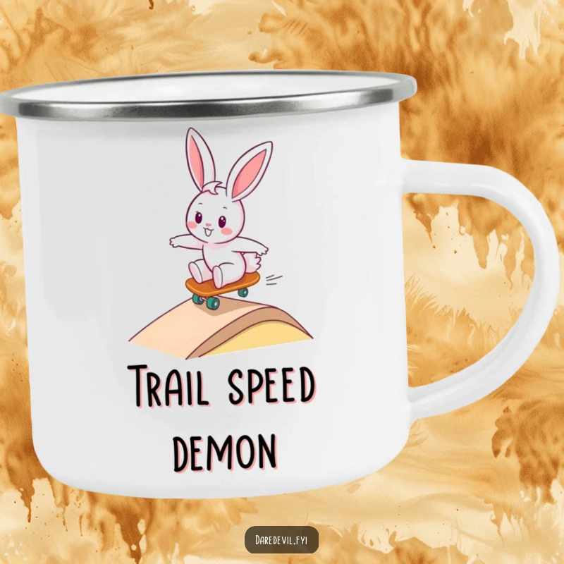 Funny bunny character speeding downhill on a skateboard, perfect for an adventurous and humorous camping mug design for outdoor enthusiasts.