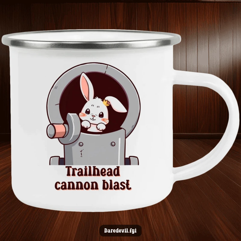 Funny rabbit camping mug with a curious rabbit peeking from a cannon, ready for outdoor exploration and fun.