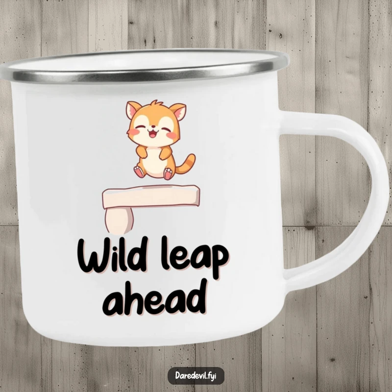 Funny Camping Mug showing a giggling animal character leaping playfully off a ledge, ideal for outdoor enjoyment.