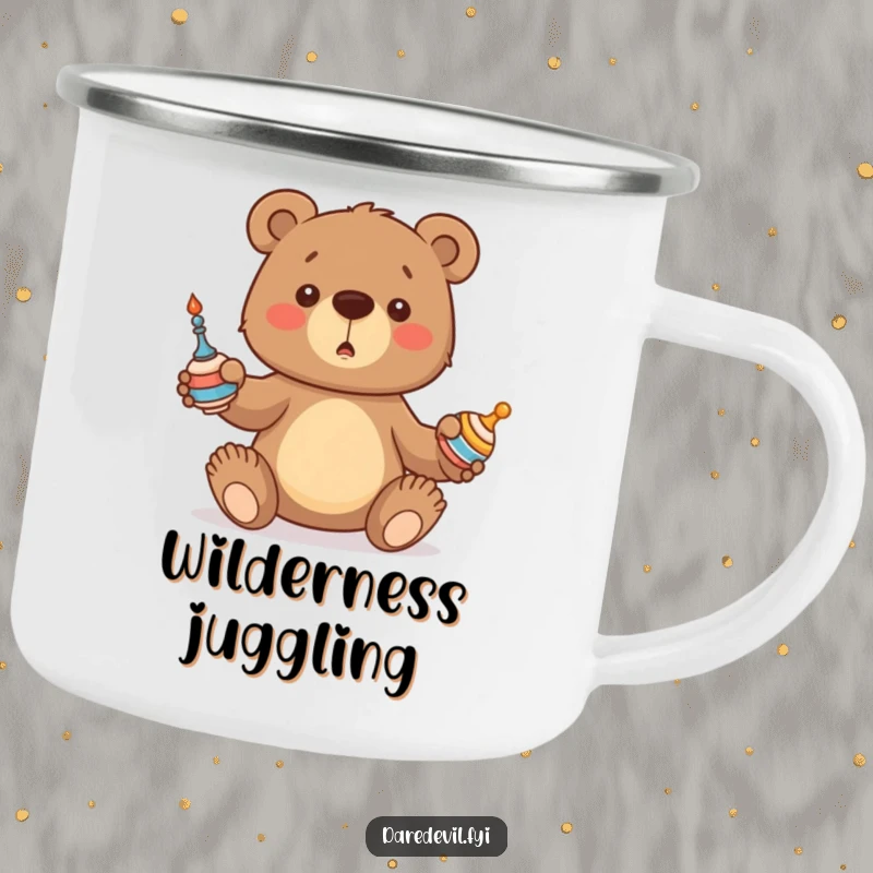 Funny Bear Camping Mug showcasing a bear cub hilariously attempting to juggle, ready for outdoor fun and humorous sips.