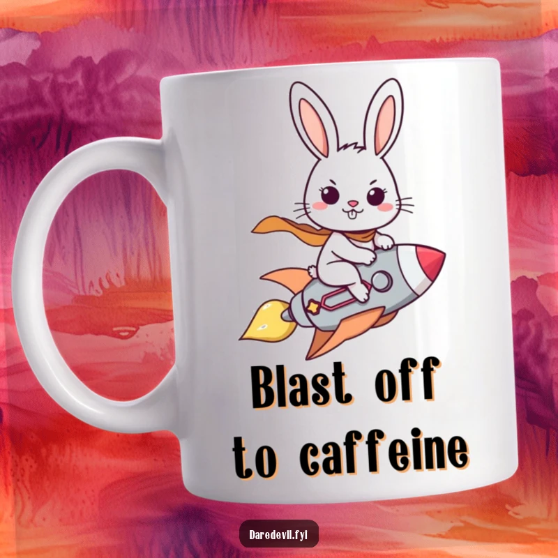 Funny mug shows a brave rabbit character confidently riding a small rocket, a determined grin on its face, ready for adventure.