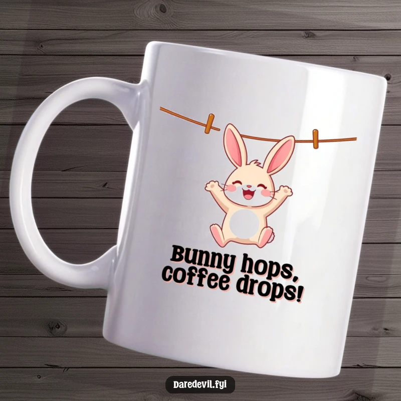 Funny cheerful rabbit swinging wildly from a clothesline with a joyful whoop, embodying pure fun for a funny mug.