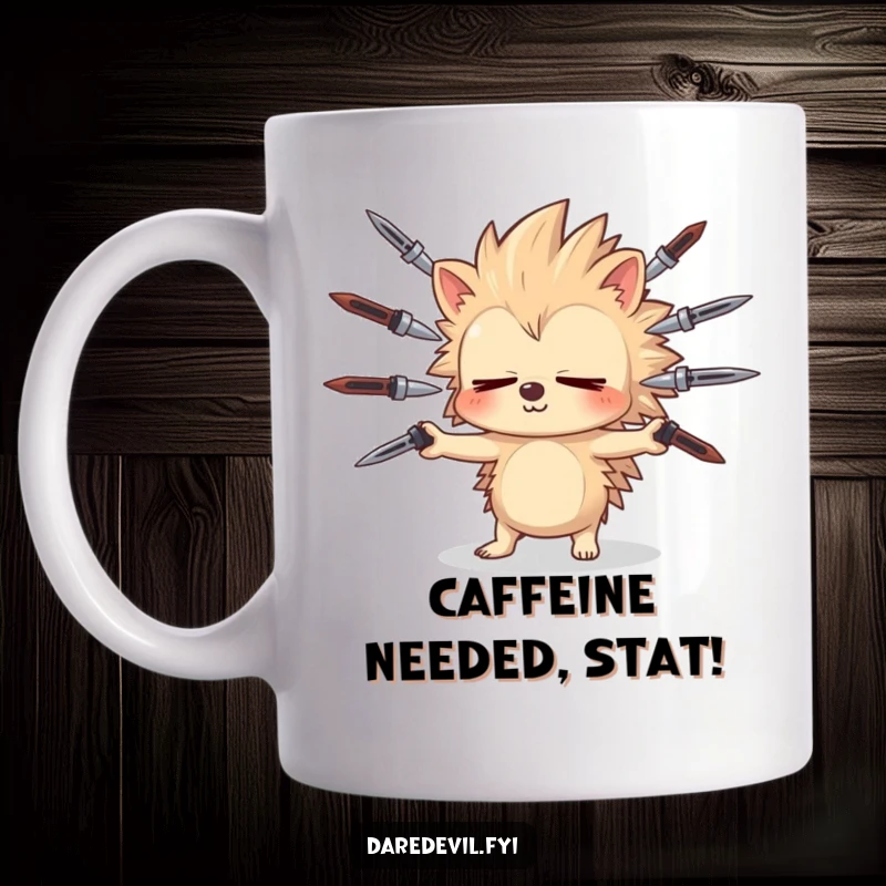 Funny sleepy hedgehog precariously juggles sharp objects with eyes closed, embodying risky humor for a funny mug.