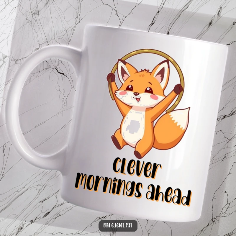Funny fox leaping gracefully through a hoop held high, depicted on a high-quality mug.