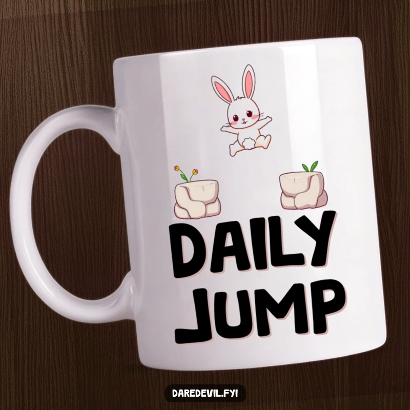 Funny mug showing a brave rabbit character leaping across a small gap between two tiny platforms, a daring feat.