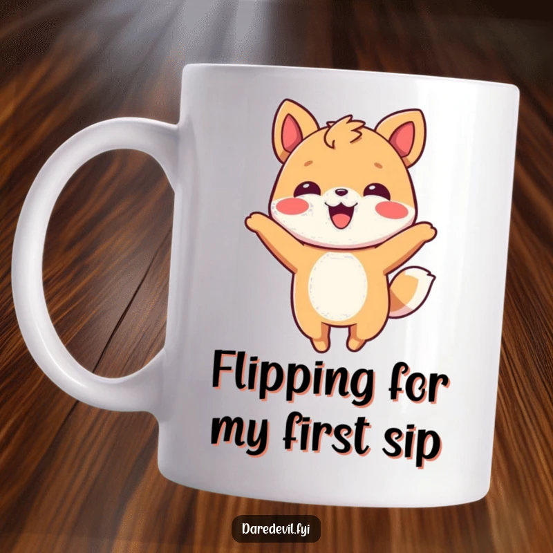 Funny Mug featuring a smiling animal character performing a playful flip in mid-air with a look of sheer delight.