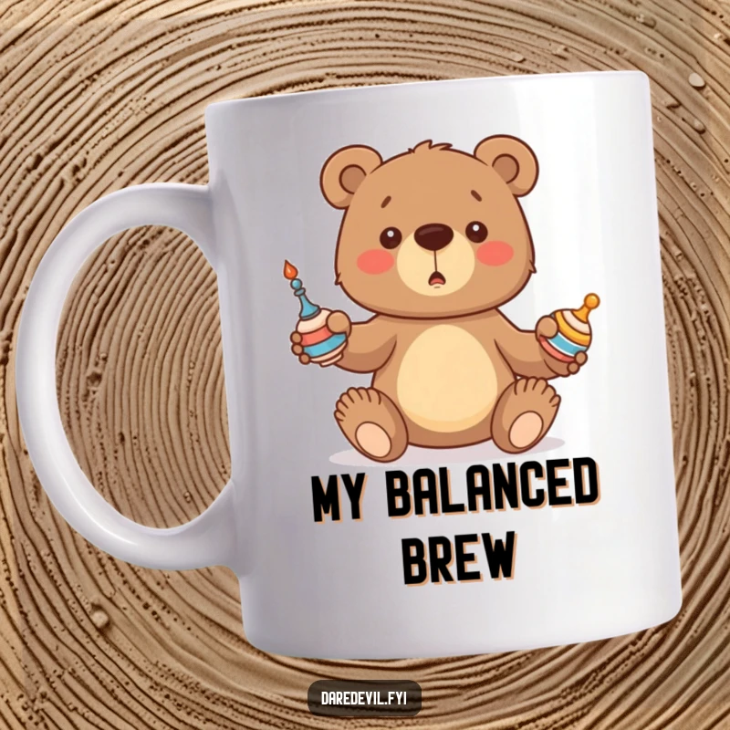 Funny Bear Mug featuring a cute bear cub comically attempting to juggle three spinning items, showing playful struggle and charm.