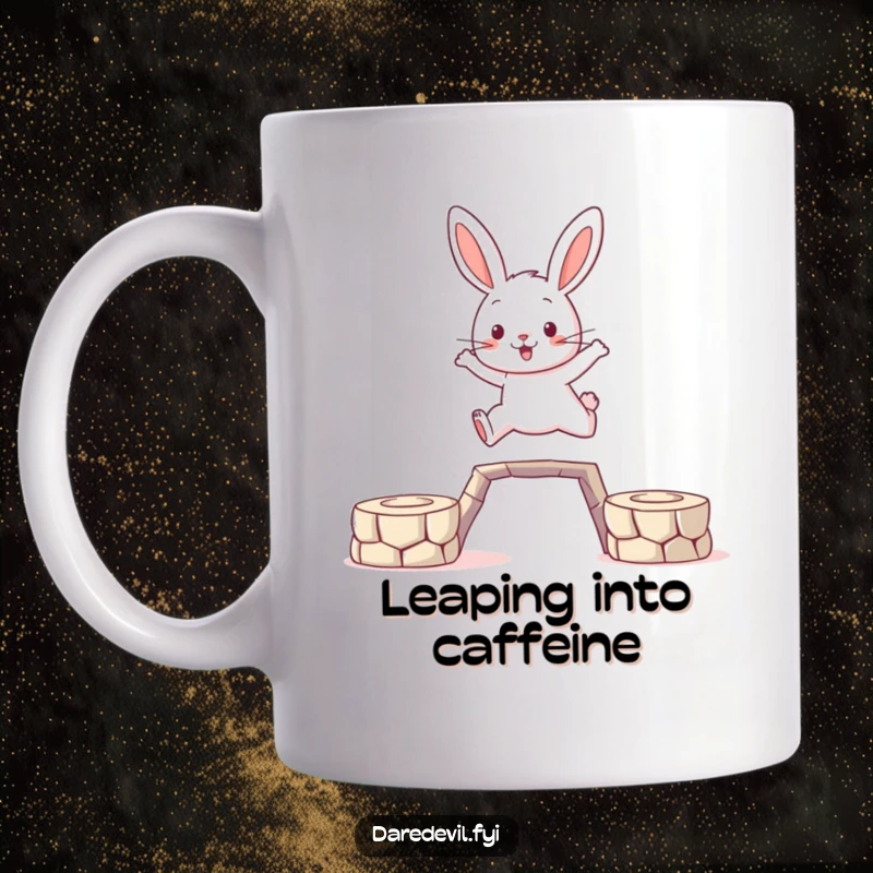 Funny Rabbit Mug: A brave rabbit character skillfully leaps across a small gap between two tiny platforms, showcasing daring adventure.