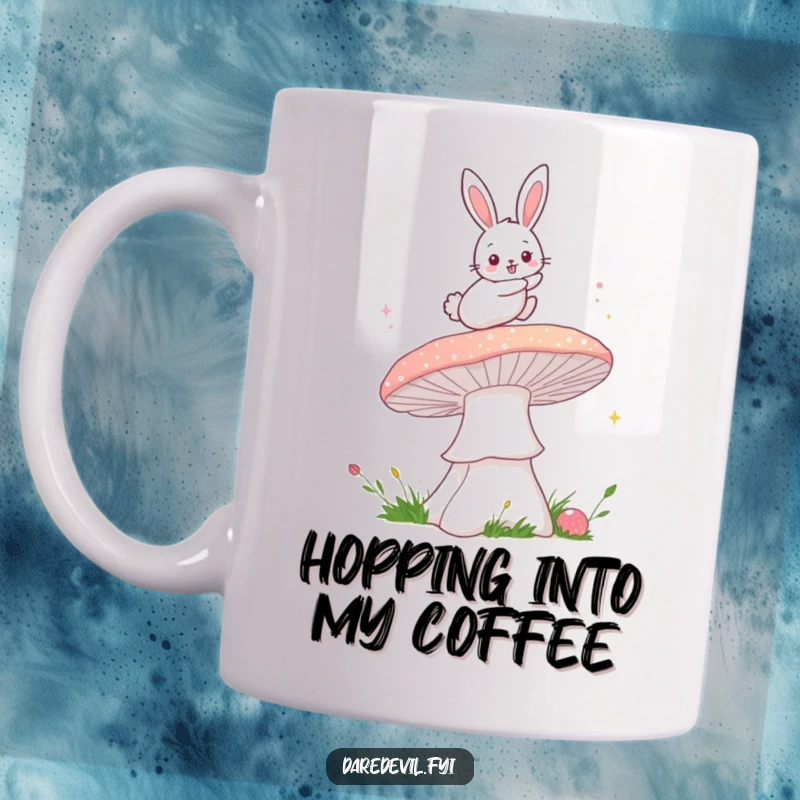Funny bunny mug showing a fluffy bunny bravely leaping over a giant, sparkly mushroom, embodying a sense of adventure and wonder.