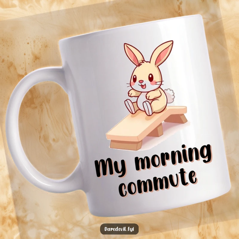 Funny bunny on a miniature ramp, fearlessly sliding with a determined look, captured in a high-quality mug print.