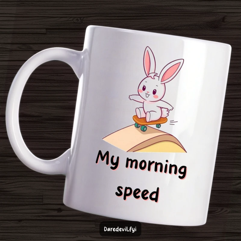 Funny bunny character joyfully skateboarding down a ramp on a tiny skateboard, showcasing extreme sports humor and pure happiness for a unique gift.