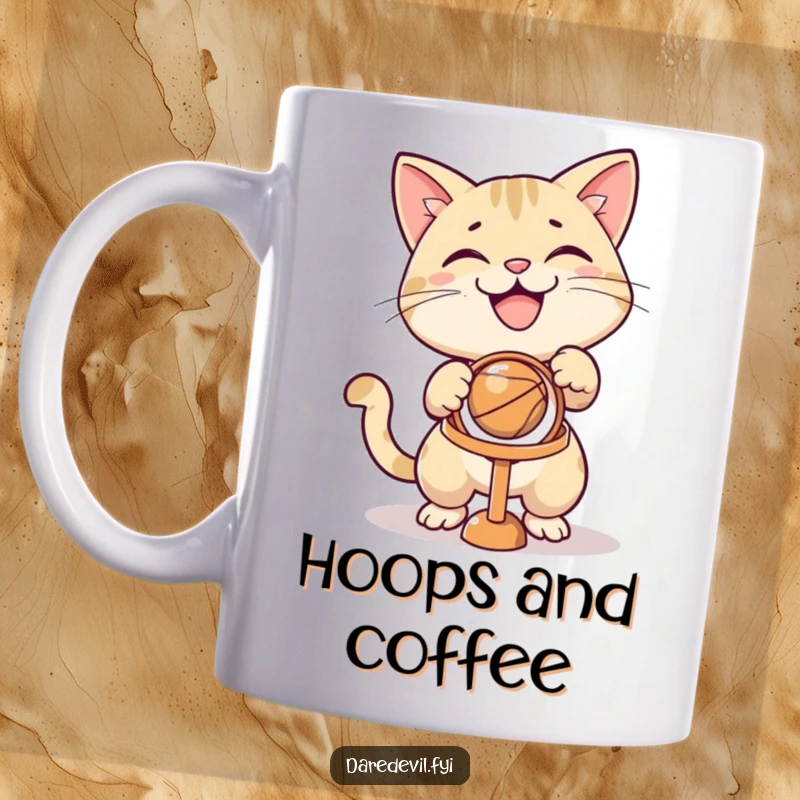 Funny grinning cat character focused on aiming a ball at a tiny hoop on a mischievous coffee mug.