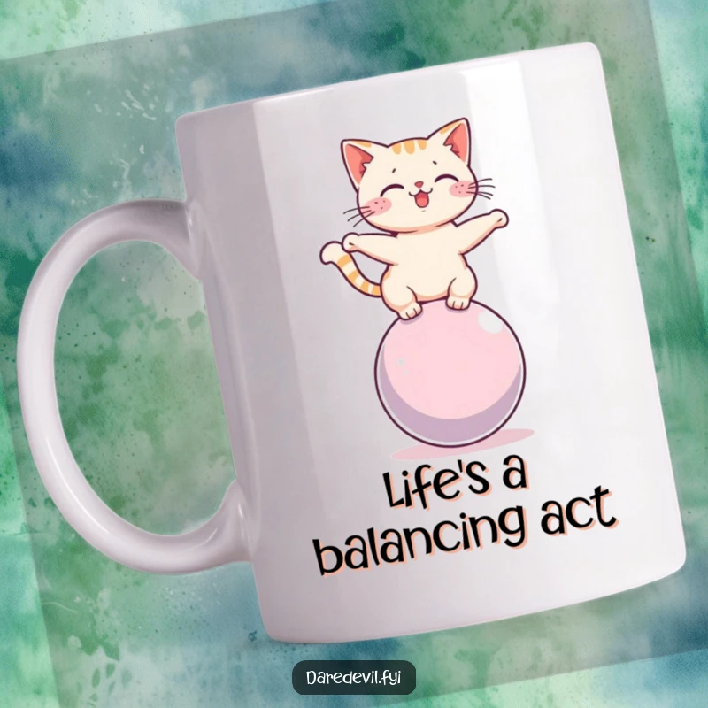Funny cat teetering on a rolling sphere, showcasing intense focus and a hint of panic on a high-quality mug.