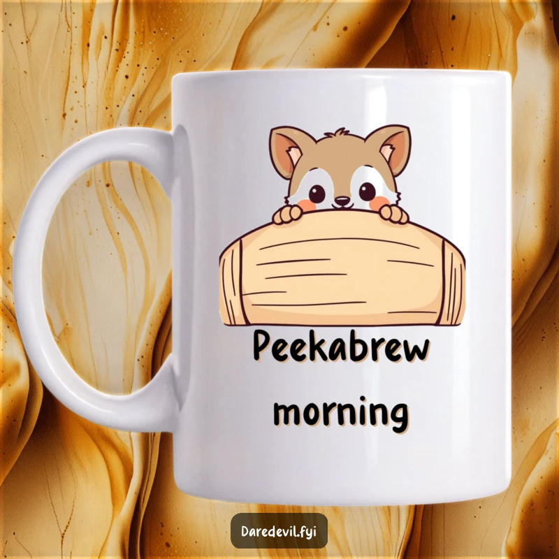 Funny Curious Animal Mug showing a cute animal peeking over a large, playful obstacle, an ideal funny gift.