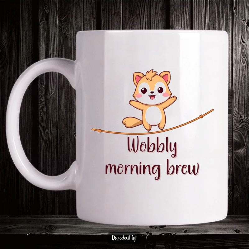 Funny Daredevil Animal Mug showing a happy animal confidently balancing on a tightrope, an ideal funny gift for thrill-seekers.