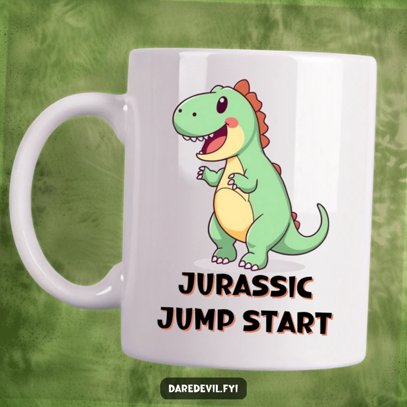 Funny mug featuring a joyful dinosaur attempting a backward somersault with great enthusiasm and a wide grin.