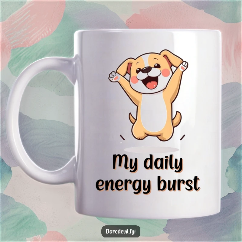 Funny Dog Mug showing an energetic dog performing an impressive mid-air flip, radiating pure joy and athleticism.