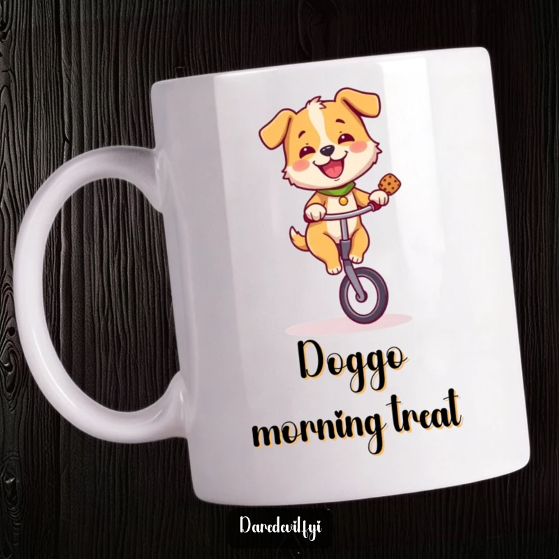 Funny happy dog skillfully riding a unicycle while perfectly balancing a tasty treat on its nose.