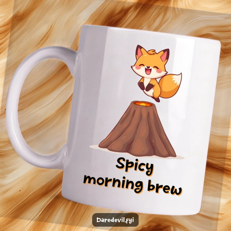 Funny fox mug, gleefully leaping over a miniature volcano with a wide smile, embodying bravery.