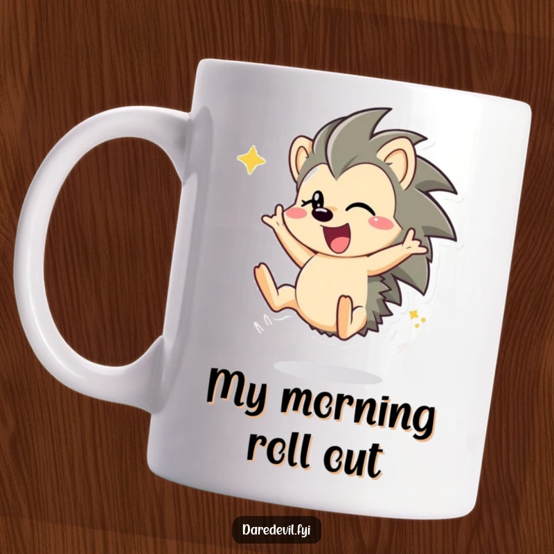 Funny hedgehog character doing a high-energy somersault on a coffee mug, expressing pure delight and athleticism.