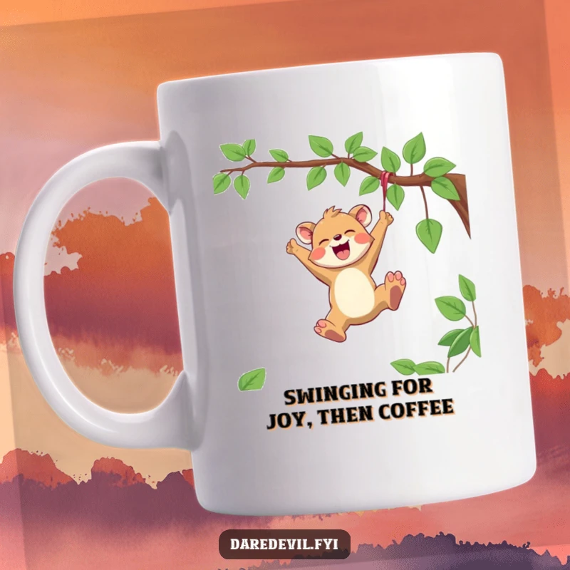 Funny Mug featuring a joyful animal character swinging from a vine with wild abandon, eyes closed in pure bliss.