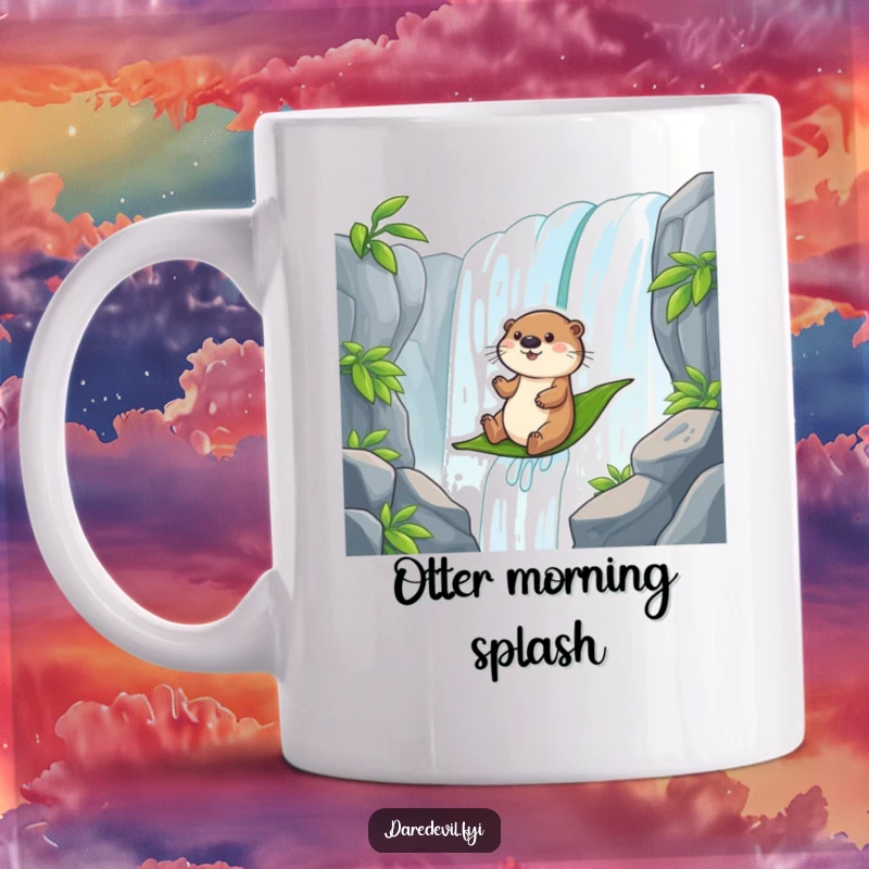 Funny playful otter character gleefully sliding down a massive waterfall on a large green leaf.