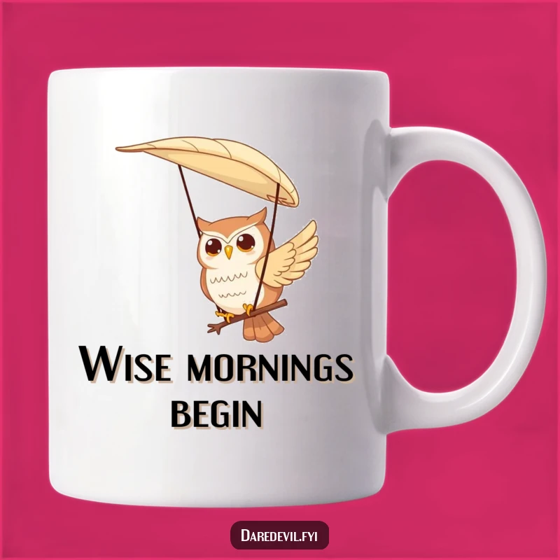 Funny Owl Paragliding Mug: Contented Character Flies Feather, Perfect Funny Gift