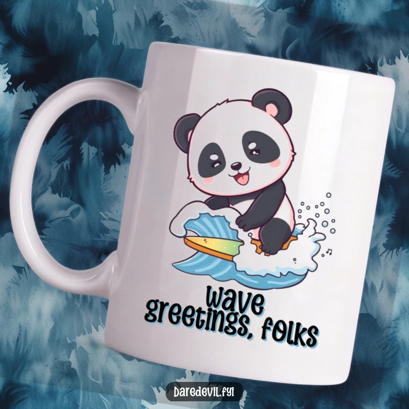 Funny Mug featuring a smiling panda attempting to surf a tiny, crashing wave, embodying playful relaxation and beach fun.