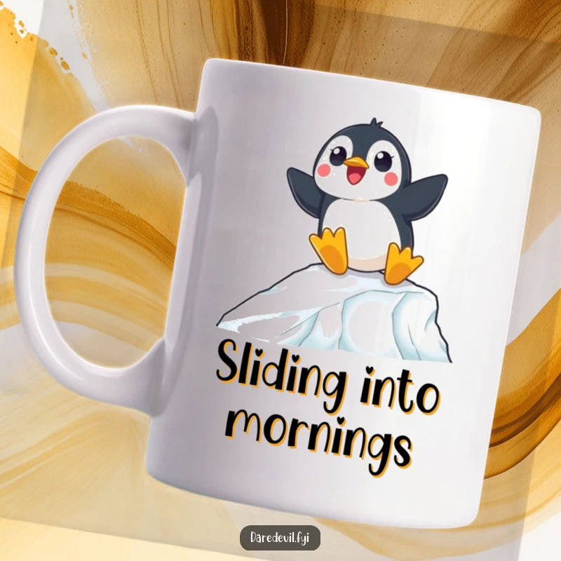 Funny mug showing a surprised penguin expertly sliding down a steep icy ramp with determination and wide eyes.