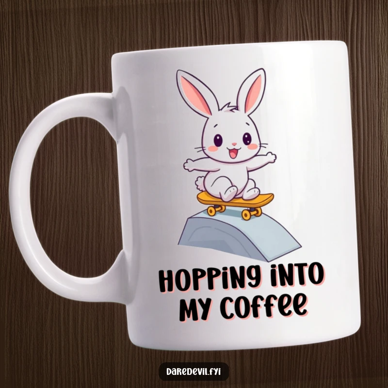 Funny rabbit mug, bravely riding a skateboard down a small ramp with a happy expression, embodying cool vibes.