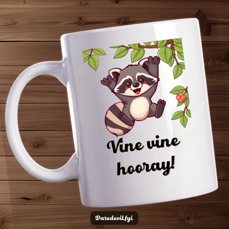 Funny mug featuring a raccoon swinging wildly from a vine with pure exhilaration and a mischievous grin.