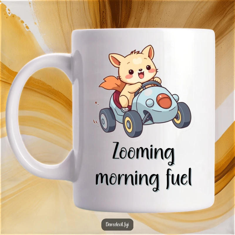 Funny Racing Animal Mug showing a happy animal speeding in a small vehicle, a perfect funny gift for racers.